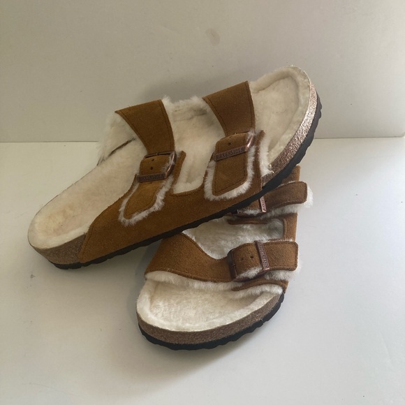 Birkenstock Arizona Shearling Suede Leather Slide in Mink NWOT - Picture 10 of 14